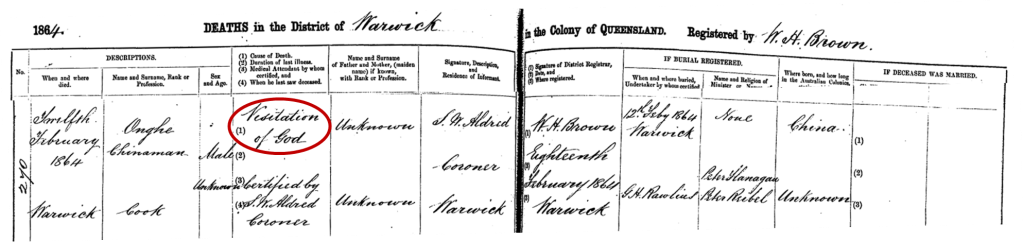 Death registered at Warwick in 1864 for Onghe (1864/C0744). Cause of death given as "Visitation of God".
